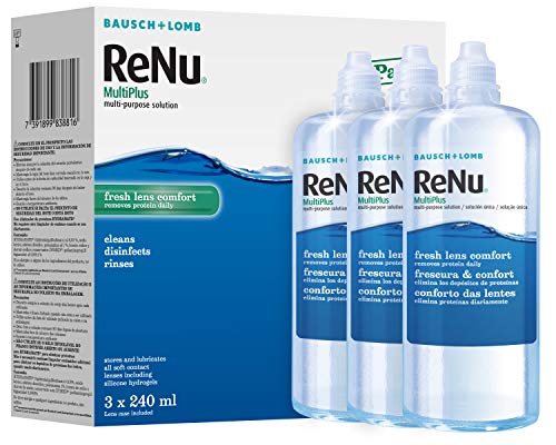 ReNu MultiPlus Multi-Purpose Contact Lens Solution, 3 x 240ml, for Soft Contact Lenses, Moisturise, Remove Protein, Clean, Disinfect, Lubricate, Rinse and Store Your Lenses, Lens Case Included