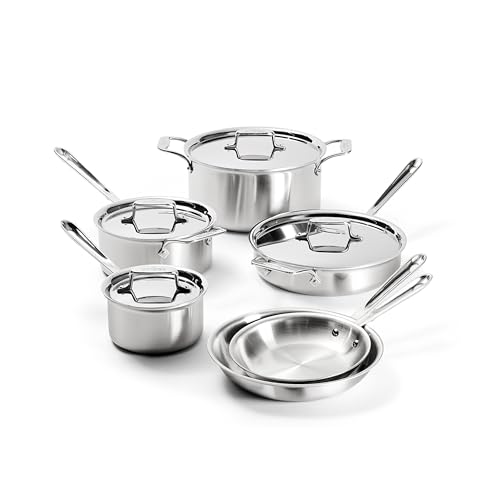 All-Clad D5 Brushed 5 Ply Stainless Steel Cookware Set 10 Piece w/ Frying Pans, Pots and Pans Set, Induction, Oven Broiler Safe 600F, Silver