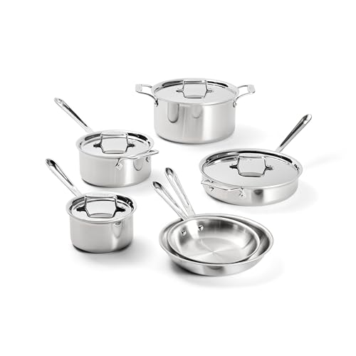 All-Clad D5 Brushed 5 Ply Stainless Steel Cookware Set 10 Piece w/ Frying Pans, Pots and Pans Set, Induction, Oven Broiler Safe 600F, Silver