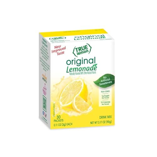 TRUE LEMON Original Lemonade Drink Mix| Made from Real Lemon | No Preservatives, No Artificial Sweeteners, Gluten Free | Water Flavor Packets & Water Enhancer with Stevia 30 Count (Pack of 1)