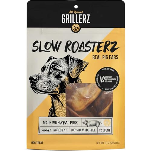 Grillerz Real Pig Ears, 12 Count, Single Ingredient, All Natural Pig Ears for Dogs, Dog Chew for Healthy Teeth, High Protein, Easily Digestible, for Adult Life Stages