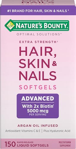 Nature's Bounty Advanced Hair, Skin & Nails, Argan-Infused Vitamin Supplement with Biotin and Hyaluronic Acid, 150 Rapid Release Softgels, 50 Total Servings
