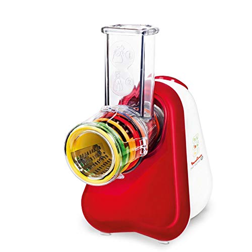 (-28%) Moulinex Fresh Express Plus, Elektrisches Schnitzelwerk, Gemüseschneider, Gemüsehobel, 5 Einsätze inkl. Reiben, 150W, Metallic-rot, weiß, Made in France, DJ756G, 200Watt