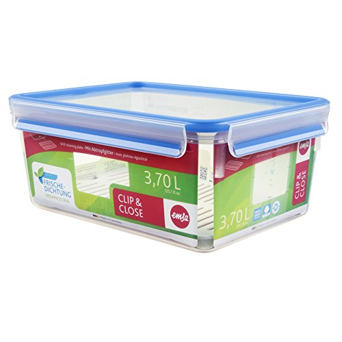 (-15%) EMSA Clip & Close Frischhaltedose, rechteckig, 3,7 L, Aufbewahrungsbox, 100 Prozent dicht, spülmaschinen-, gefrier-, mikrowellenfest, Transparent, Blau, Made in Germany, 512888