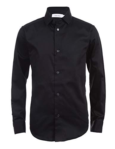 Calvin Klein Boys' Long Sleeve Sateen Dress Shirt, Button-Down Style with Buttoned Cuffs & Shirttail Hem, Black, 18
