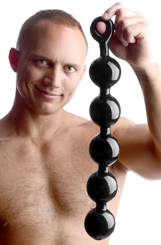 Master Series Black Baller Beaded Plug For Men, Women, And Couples, 17.5 Inch Flexible TPE Shaft, Graduated Spheres With Pull Ring, Smooth Surface, Easy To Clean, Pressure-Based Design