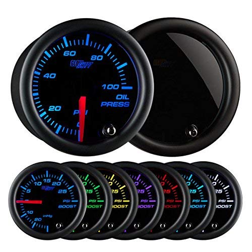 GlowShift Tinted 7 Color 100 PSI Oil Pressure Gauge Kit - Includes 1/8-27 NPT Electronic Sensor & Wiring - Multi-Color Display - Black Dial - Smoked Lens - for Car & Truck - 2-1/16" 52mm