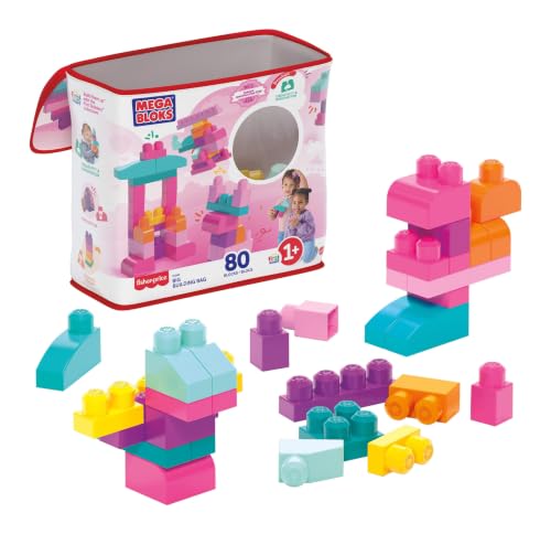 MEGA BLOKS First Builders Toddler Blocks Set, Big Building Bag with 80 Pieces, Pink
