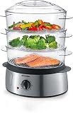 Severin DG 2438 Dampfgarer, 3 stapelbare Aufsätze, integrierter Timer, Edelstahl gebürstet/Schwarz, 1000 W