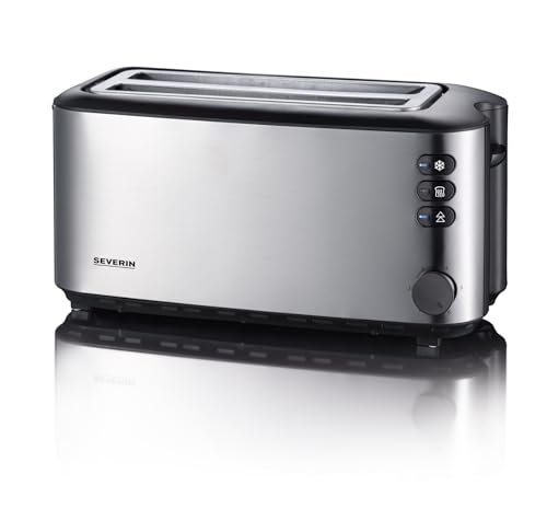 (-49%) Severin Doppel-Langschlitztoaster mit eingebautem Brötchen-Aufsatz, für 4 Brotscheiben, Brotscheibenzentrierung, Aufwärm- und Defroster-Stufe, Edelstahl gebürstet, schwarz, 1.400 W, AT 2509