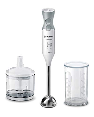 (-33%) Bosch Stabmixer ErgoMixx, Edelstahl-Mixfuß, Mix- und Messbecher, 4-Klingen-Messer, Zerkleinerer, ergonomisches Design, 12 Stufen plus Turbo, 600 W, weiß/grau, MSM66120