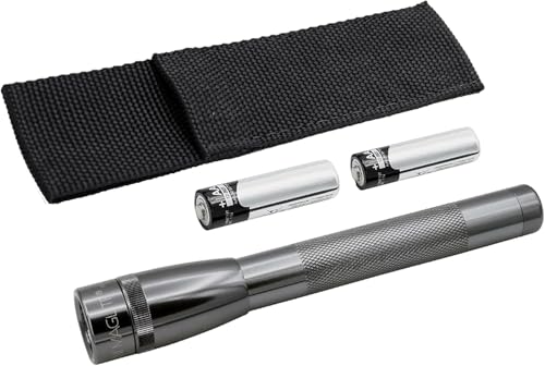 MagLite Mini LED Pro Flashlight - Ultra Bright 332 Lumens, Adjustable Beam, Water-Resistant IPX4, Shock Resistant, 2 Power Modes, Includes 2 AA Premium Alkaline Batteries - (Holster Pack, Gray)