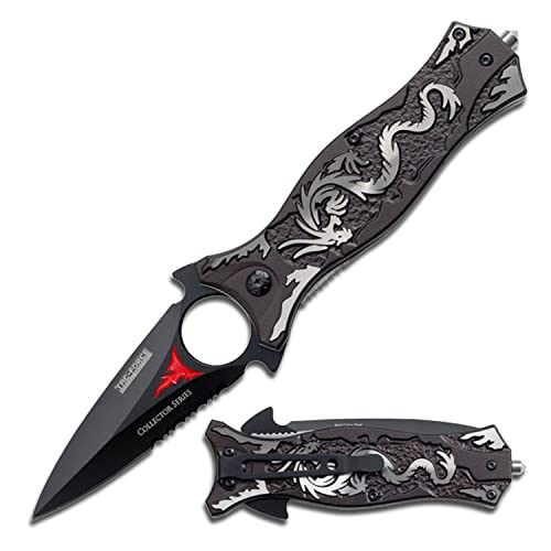Tac-Force- Folding Pocket Knife – Black Partially Serrated Blade, Black Aluminum Handle w/Grey Dragon Design, Glass Punch and Pocket Clip, Tactical, EDC, Rescue - TF-707GY