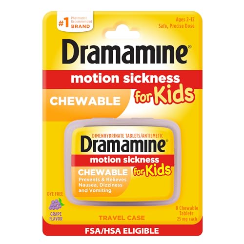 Dramamine Motion Sickness Relief for Kids | Chewable Grape | 8 Count