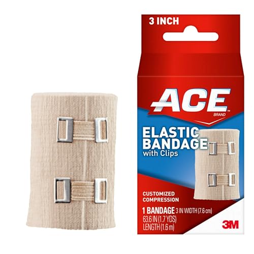 ACE 3 Inch Elastic Bandage with Clips, Beige, Great for Elbow, Ankle, Knee and More, Ideal for Sports, Comfortable design with soft feel, Wash and Reuse