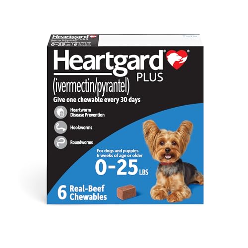 HEARTGARD® Plus (ivermectin/pyrantel) Real-Beef Chewables for Dogs up to 25 lbs (Blue Box) 6 Month Supply of Chews (Heartworm Disease Preventive)