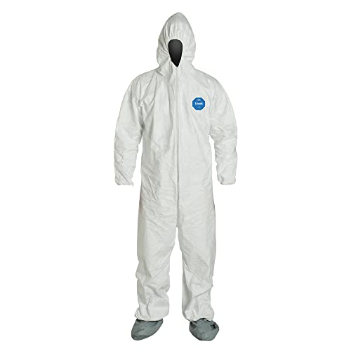 DuPont Tyvek 400 TY122S Disposable Protective Coverall with Elastic Cuffs, Attached Hood and Boots, White, Large (Pack of 25)