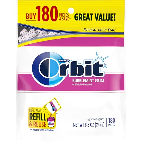 ORBIT Gum Bubblemint Sugar Free Chewing Gum Bulk, 180 Piece Resealable Bag, Bubble Gum Bulk