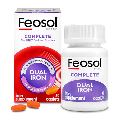 Feosol Complete Iron Supplement Caplets, Bifera Iron for High Absorption, Heme and Non-Heme Dual Action Minimizes Side Effects, 1 Per Day, for Energy and Immune System Support, Made in USA, 30 Count