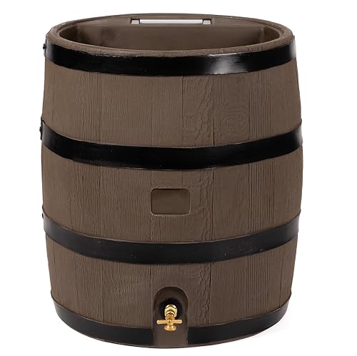 RTS Home Accents Round 35‑Gallon Rain Barrel with Integrated Planter – Woodgrain with Black Stripes Color, Brass Spi