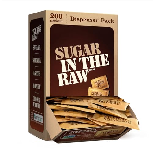 Sugar In The Raw Turbinado Cane Sugar Packets, 200 Ct Box, 1 Pack, Pure, All-Natural Turbinado Sugar, Non-GMO Project Verified, Kosher, Vegan and Gluten Free