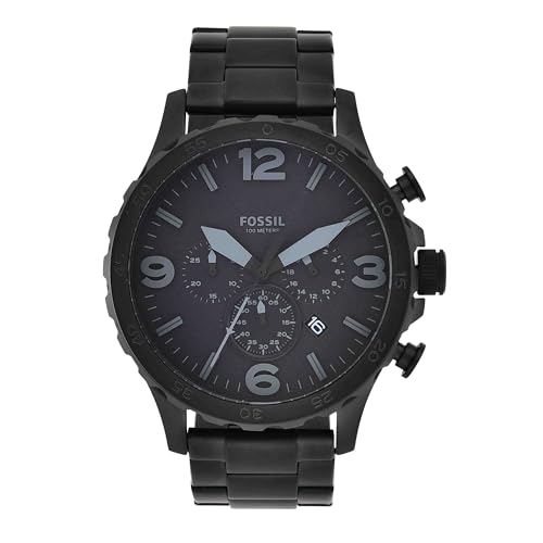 Fossil Men's Nate Quartz Stainless Steel and Leather Chronograph Watch, Black & Dark Brown Leather Watch (Model: JR1487)