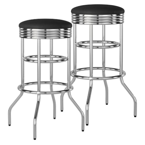 TRINITY Heavy Duty 30-Inch Backless Swivel Bar Stool for Kitchen, Garage, or Workshop, Chrome Finish with Faux Leather Seat, 2 Pack, Black