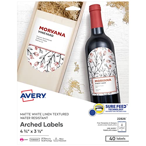 Avery Arched Wine Labels with Sure Feed for Laser Printers, 4.75" x 3.5", 40 White Labels (22826)