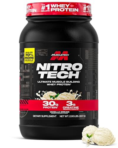 Muscletech Whey Protein Powder (Vanilla Cream, 2.2 Pound) - Nitro-Tech Ultimate Muscle Building Formula with Whey Protein Isolate - 30g of Protein, 3g of Creatine & 6.8g of BCAA - Packaging May Vary