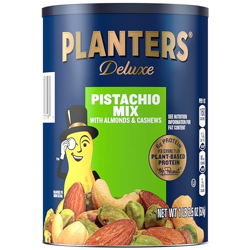 PLANTERS Pistachio Nuts Lovers Nut Mix with Pistachios no shell, Almonds & Cashews, Party Snacks, Plant-Based Protein, After School Snack, Bulk Nuts, Kosher 1lb 2.5oz
