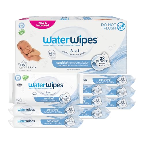 WaterWipes Sensitive+ Newborn & Baby Wipes, 3-In-1 Cleans, Cares, Protects, 99.9% Water, Unscented & Hypoallergenic, 540 Count (9 Packs)