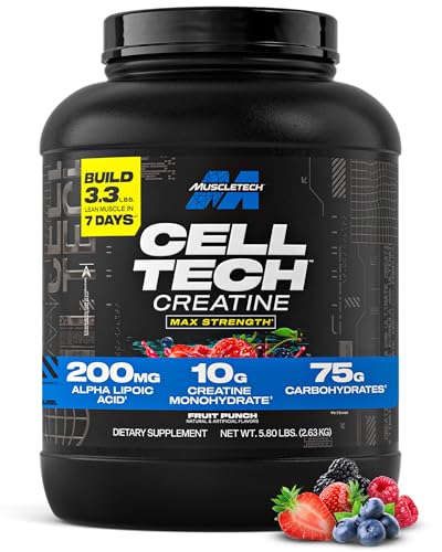 MuscleTech Creatine Monohydrate Powder - Cell-Tech Creatine Powder Post Workout Recovery Drink, Muscle Builder & Musclebuilding Creatine Supplement - Fruit Punch, 6 lbs (56 Serv) - Packaging May Vary