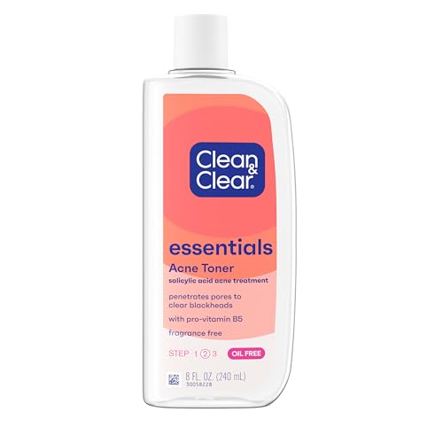 Clean & Clear Essentials Oil-Free Acne Toner, 2% Salicylic Acid Acne Treatment, Gentle Facial Toner for Pimples Cleanses Pores to Clear & Remove Blackheads, Fragrance Free, 8 fl. oz