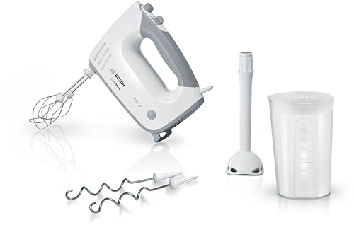 (-28%) Bosch Handrührgerät, 2 Rührbesen, 2 Knethaken, Edelstahl, spülmaschinenfest, Pürierstab, Mixbecher, 5 Stufen plus Turbostufe, 450 W, weiß, ErgoMixx MFQ36440