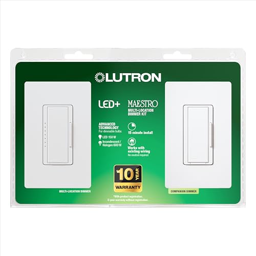 Lutron Maestro LED+ Dimmer Switch Kit for Dimmable LED, Halogen and Incandescent Bulbs, 150W/3-Way or Multi-Location, MACL-153M-RHW-WH, White