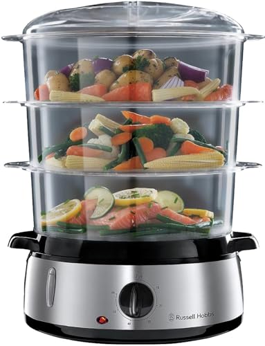 (-32%) Russell Hobbs Dampfgarer [normale Größe] 9,0l (60 Minuten Timer + Abschaltautomatik, 3 spülmaschinengeeignete Dampfgarbehälter + Reisschale / Reiskocher + 6 Eierhalter /Eierkocher, BPA-frei) 19270-56