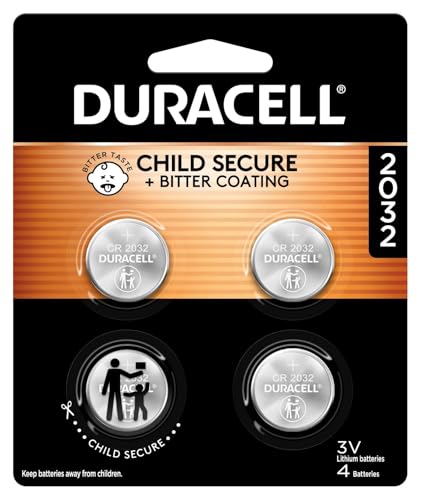 Duracell 2032 Lithium Battery. 4 Count Pack. Child Safety Features. Compatible with Apple AirTag, Key Fob, and other devices. CR2032 3V Cell. 2032 Battery, Lithium Coin