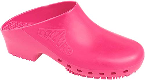 CALZURO Classic Work Clogs Without Holes - Unisex Nursing Clogs - Non Slip Shoes - Autoclavable Rubber Kitchen Shoes for Women and Men - Hot Pink