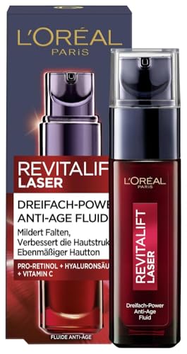(-37%) L'Oréal Paris Anti-Aging Fluid für Frauen, Gesichtspflege gegen Falten & für ebenmäßigeren Hautton, mit Hyaluronsäure, Pro-Retinol und Vitamin C, Revitalift Laser, 30 ml
