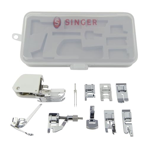 SINGER 9 Presser Feet Sewing Machine Accessory Kit Set Suitable for Household Multi-Function Sewing Machines with Twin Needle, Clear Durable Storage Case for Quilting, Mending, Patchwork