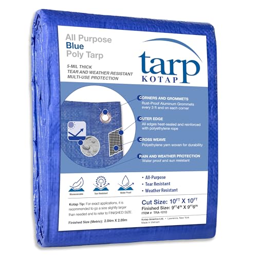 Kotap 10 x 10 Ft. All-Purpose Multi-Use Protection/Coverage 5-mil Poly Tarp, Waterproof, Blue, 1-Pack (TRA-1010)
