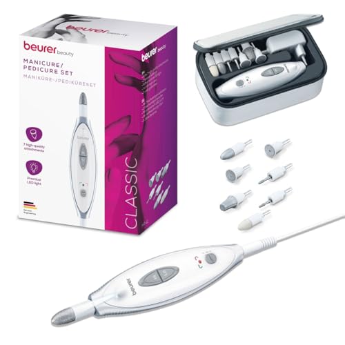 (-63%) Beurer MP 41 Maniküre-/ Pediküreset, elektrische Nagelfeile mit 7 Aufsätzen, helles LED Licht, Nagelfräser für gepflegte Nägel, mit Aufbewahrungstasche, Nagelpflege für Hände und Füße, Weiß