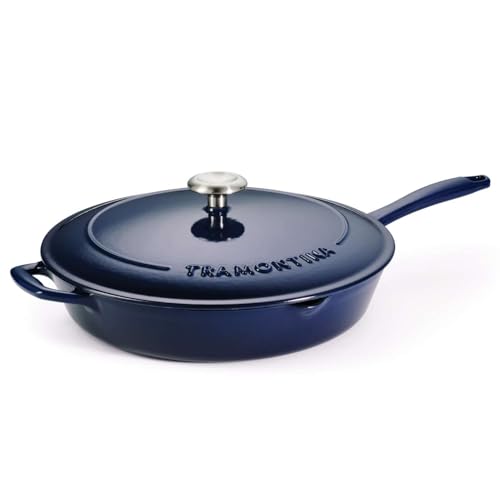 Tramontina Bestow Enameled Cast Iron Skillet with Lid, 12-inch Frying Pan, Blue