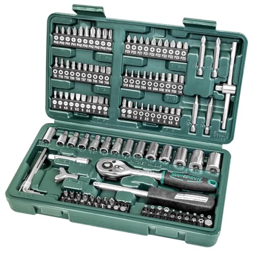 (-69%) Brüder Mannesmann Steckschlüssel- und Bitsatz, 130-teilig - Werkzeugkoffer mit Ratsche, Schraubendreher, Sechskantschlüssel, Stecknüssen & 100 Bits - aus Chrom-Vanadium-Stahl | M29166