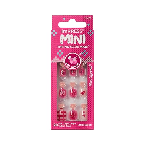 KISS imPRESS Mini Holiday Press On Nails for Kids, ‘Hahaha Ugh’, Pink, Child Size, Squoval Shaped, Mess-Free, Mom Approved, Non-Toxic, Breakaway Application Tabs, Nail File, 20 Fake Nails