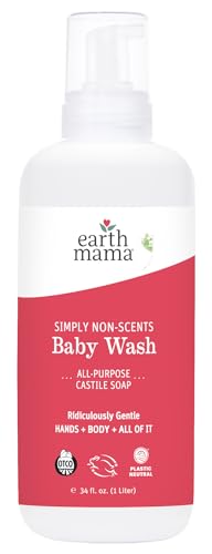 Earth Mama Simply Non-Scents Baby Wash Liquid Hand Soap Refill, Organic Body Wash for Sensitive Skin, All Purpose Castile Soap Liquid with Coconut Oil, Shea Butter, Calendula & Aloe, 34 fl oz