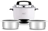 Pigeon by Stovekraft Joy Rice Cooker with Double pot, 1 litres. (White) | Toughened Glass Lid | 400 Watts | 2 Aluminium Cooking Pots | Me...