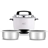 Pigeon by Stovekraft Joy Rice Cooker with Double pot 1 litres White Toughened Glass Lid 400 Watts 2 Aluminium Cooking Pots