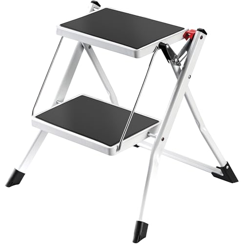 (-12%) MSV - Klapptritt mit 2 Stufen aus Stahl - Tragfähigkeit 150 kg - GS-Sicherheitsnorm - rutschfest und kompakt - Ideal für Zuhause, Küche, Büro und Heimwerken - Weiß