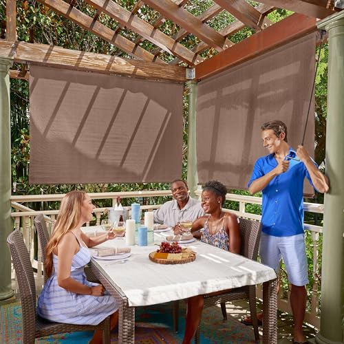 Coolaroo Outdoor Roller Shade with Wand - 95% UV Block Breathable Light Filtering Shade for Patio or Porch, Fade-Resistant, Mold-Resistant Easy-Clean Fabric, 10ft x 8ft, Walnut